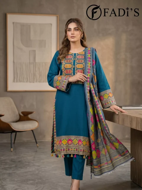 Teal Embroidered 3 Piece Lawn Suit | Festive Tassel Edition