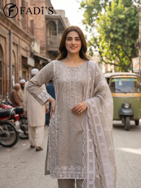 Taupe Grey Embroidered 3 Piece Lawn Suit | Summer Luxury