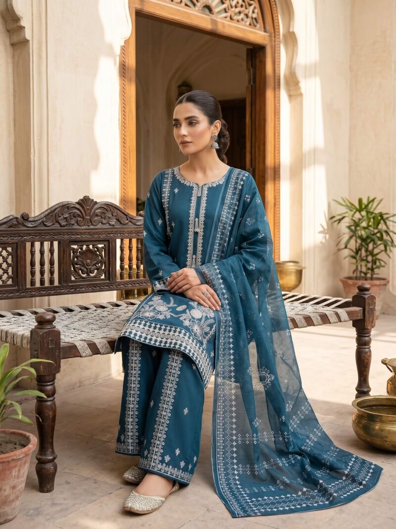 Teal Embroidered 3 Piece Lawn Suit | Luxury Formals